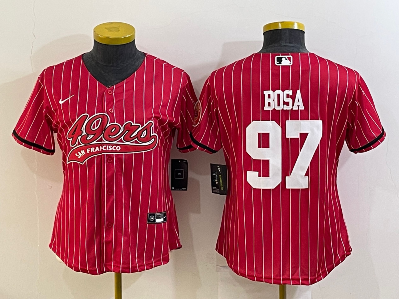 Women's San Francisco 49ers #97 Nick Bosa Red Pinstripe With Patch Cool Base Stitched Baseball Jersey