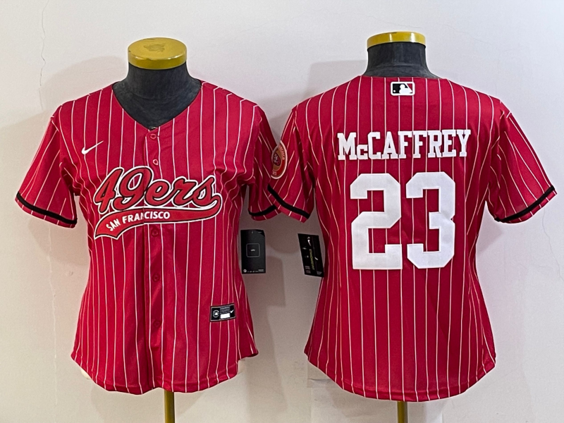 Women's San Francisco 49ers #23 Christian McCaffrey Red Pinstripe With Patch Cool Base Stitched Baseball Jersey