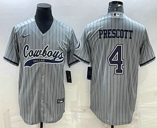 Men's Dallas Cowboys #4 Dak Prescott Grey Pinstripe With Patch Cool Base Stitched Baseball Jersey