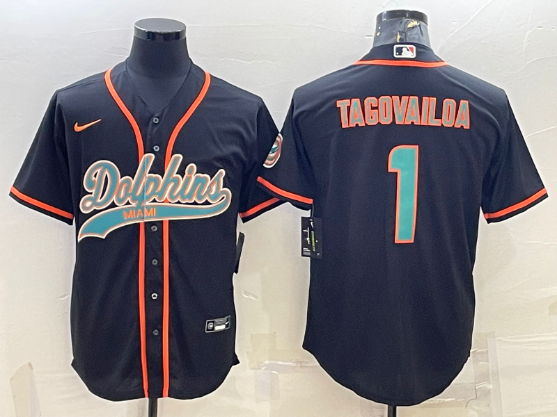 Men's Miami Dolphins #1 Tua Tagovailoa Black With Patch Cool Base Stitched Baseball Jersey