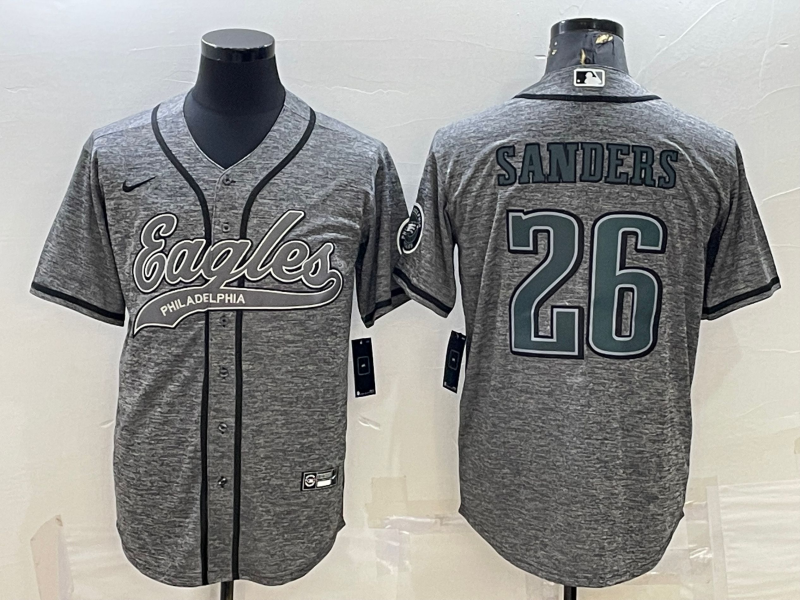 Men's Philadelphia Eagles #26 Miles Sanders Grey Gridiron With Patch Cool Base Stitched Baseball Jersey