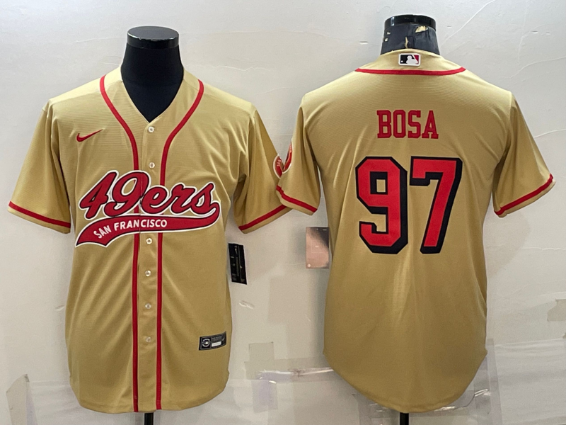 Men's San Francisco 49ers #97 Nick Bosa Gold Color Rush With Patch Cool Base Stitched Baseball Jersey