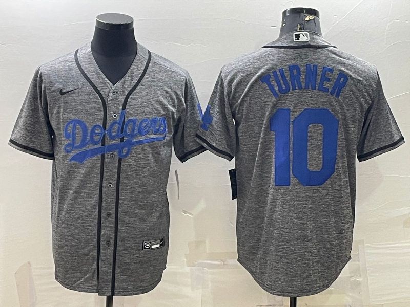 Men's Los Angeles Dodgers #10 Justin Turner Grey Gridiron Cool Base Stitched Baseball Jersey