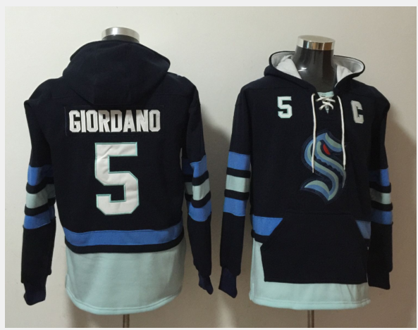 Men's Seattle Kraken #5 Mark Giordano Navy Ageless Must-Have Lace-Up Pullover Hoodie