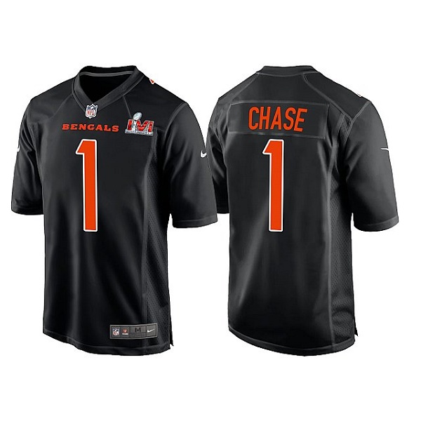 Men's Cincinnati Bengals #1 Ja'Marr Chase 2022 Black Super Bowl LVI Game Stitched Jersey