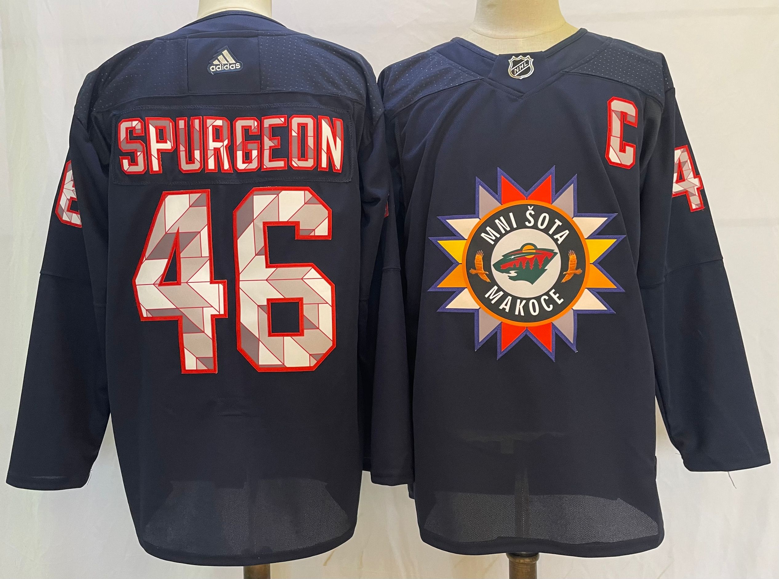 Men's Minnesota Wild #46 Jared Spurgeon 2022 Navy Native American Heritage Day Stitched Jersey