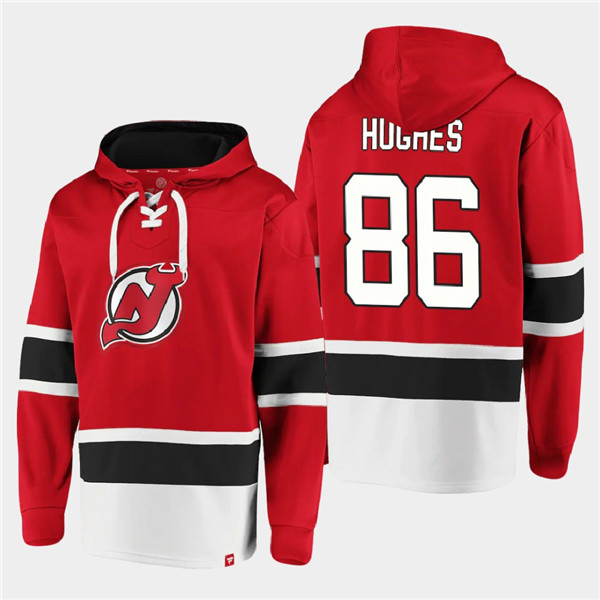 Men's New Jersey Devils #86 Jack Hughes Red Ageless Must-Have Lace-Up Pullover Hoodie