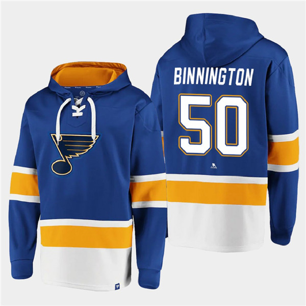 Men St. Louis Blues #50 Jordan Binnington Blue Ageless Must-Have Lace-Up Pullover Hoodie