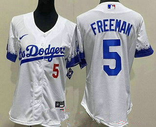 Women's Los Angeles Dodgers #5 Freddie Freeman White City Red Number Cool Base Jersey