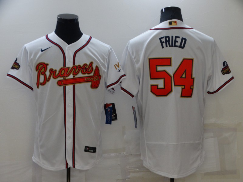 Men's Atlanta Braves #54 Max Fried 2022 White Gold World Series Champions Program Flex Base Stitched Baseball Jersey