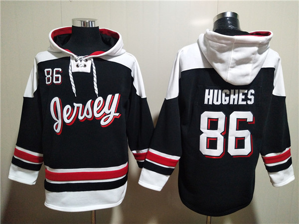 Men's New Jersey Devils #86 Jack Hughes Black White Ageless Must-Have Lace-Up Pullover Hoodie