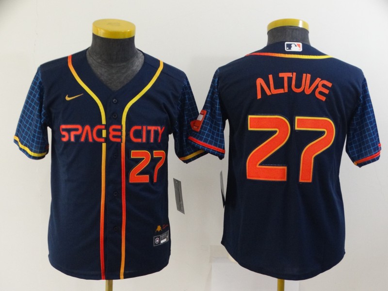 Youth Houston Astros #27 Jose Altuve Number 2022 Navy Blue City Connect Cool Base Stitched Jersey