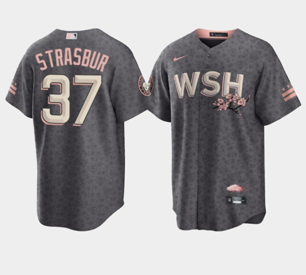 Men's Washington Nationals #37 Stephen Strasburg 2022 Grey City Connect Cherry Blossom Cool Base Stitched Jersey