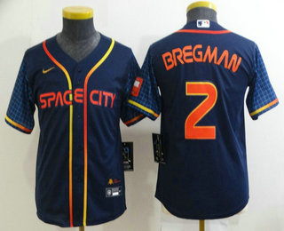 Youth Houston Astros #2 Alex Bregman 2022 Navy Blue City Connect Cool Base Stitched Jersey