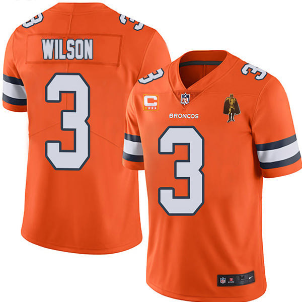 Men's Denver Broncos #3 Russell Wilson Orange With C Patch & Walter Payton Patch Limited Stitched Jersey