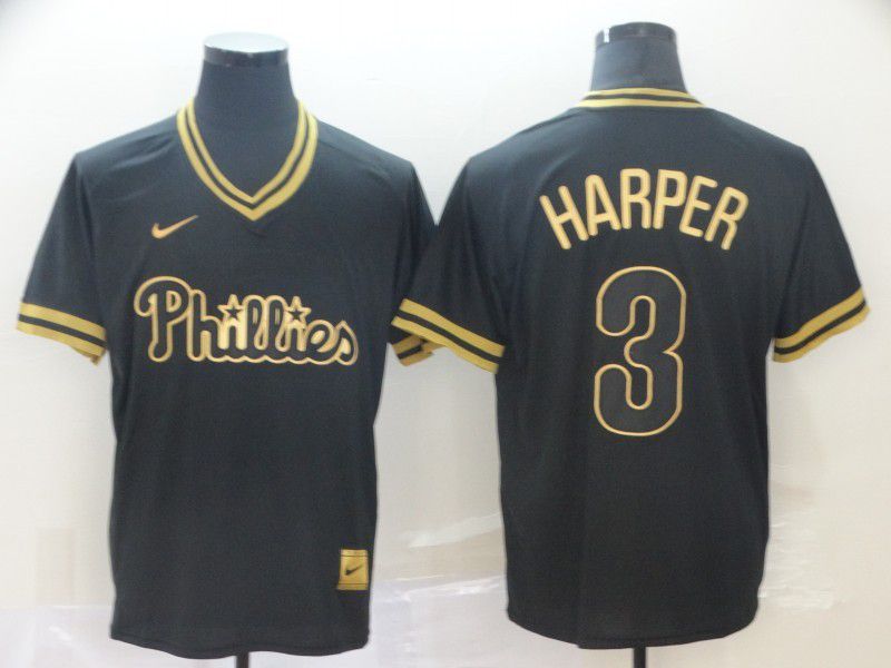 Men Philadelphia Phillies 3 Harper Black gold Game Nike 2022 MLB Jersey