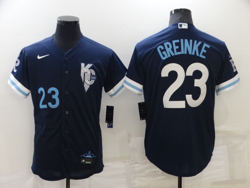 Men's Kansas City Royals #23 Zack Greinke Number 2022 Navy Blue City Connect Cool Base Stitched Jersey