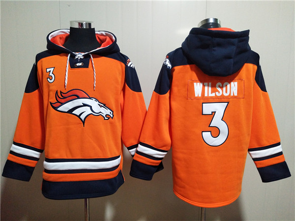 Men's Denver Broncos #3 Russell Wilson Orange Ageless Must Have Lace Up Pullover Hoodie