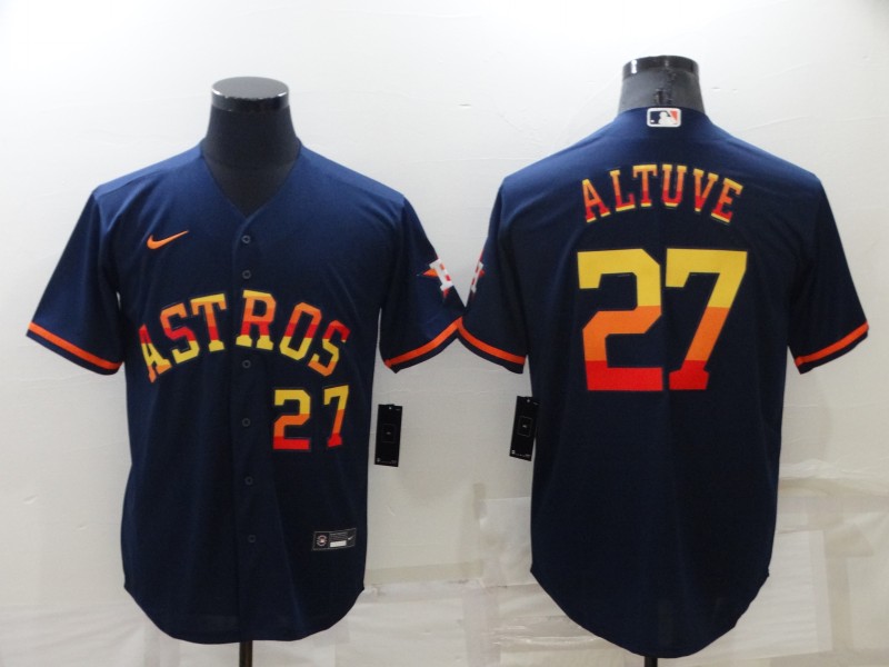 Men's Houston Astros #27 Jose Altuve Number Navy Blue Rainbow Stitched MLB Cool Base Nike Jersey