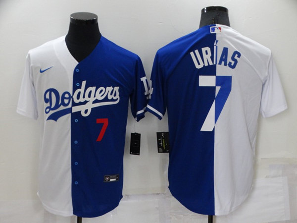 Men's Los Angeles Dodgers #7 Julio Urias White Blue Split Cool Base Stitched Baseball Jersey