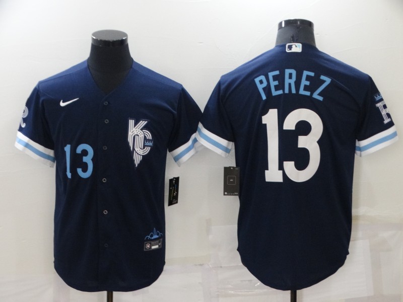 Men's Kansas City Royals #13 Salvador Perez Number 2022 Navy City Connect Cool Base Stitched Jersey