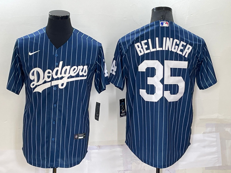 Men's Los Angeles Dodgers #35 Cody Bellinger Navy Blue Pinstripe Stitched MLB Cool Base Nike Jersey