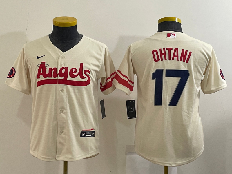 Youth Los Angeles Angels #17 Shohei Ohtani Cream 2022 City Connect Cool Base Stitched Jersey