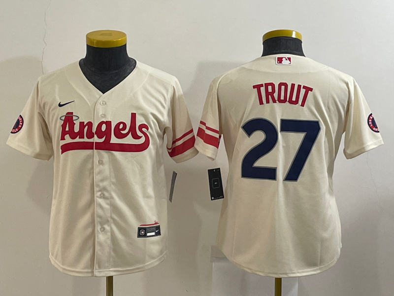 Youth Los Angeles Angels #27 Mike Trout Cream 2022 City Connect Cool Base Stitched Jersey