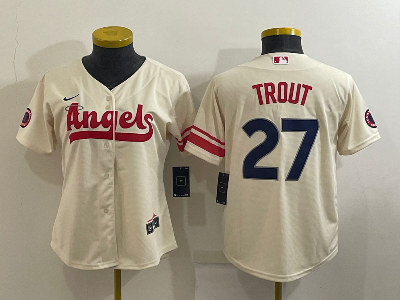 Women's Los Angeles Angels #27 Mike Trout Cream 2022 City Connect Cool Base Stitched Jersey