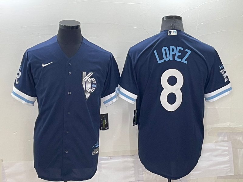 Men's Kansas City Royals #8 Nicky Lopez 2022 Navy Blue City Connect Cool Base Stitched Jersey