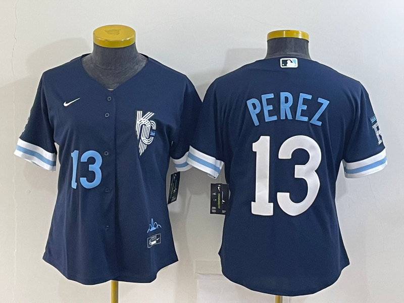 Women's Kansas City Royals #13 Salvador Perez Number 2022 Navy Blue City Connect Cool Base Stitched Jersey