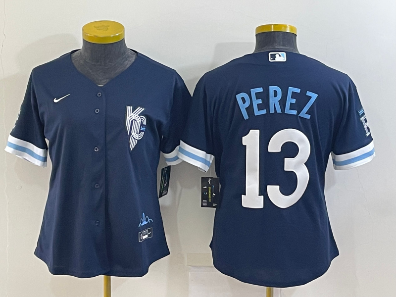 Women's Kansas City Royals #13 Salvador Perez 2022 Navy Blue City Connect Cool Base Stitched Jersey