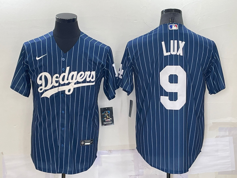 Men's Los Angeles Dodgers #9 Gavin Lux Navy Blue Pinstripe Stitched MLB Cool Base Nike Jersey