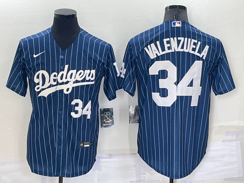 Men's Los Angeles Dodgers #34 Fernando Valenzuela Number Navy Blue Pinstripe Stitched MLB Cool Base Nike Jersey