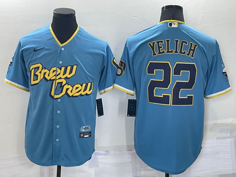 Men's Milwaukee Brewers #22 Christian Yelich Blue 2022 City Connect Cool Base Stitched Jersey