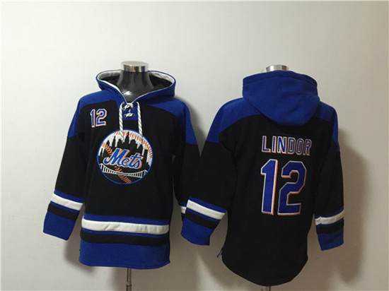 Men's New York Mets #12 Francisco Lindor Black Blue Ageless Must-Have Lace-Up Pullover Hoodie