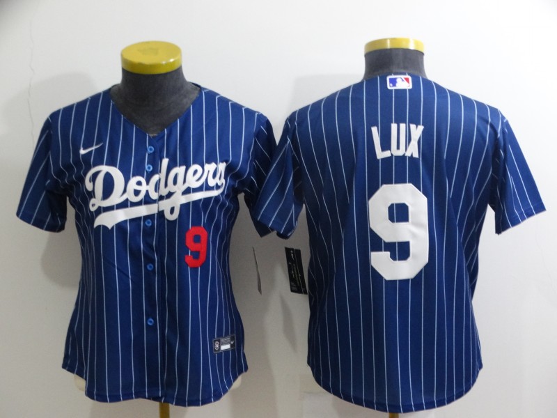 Women's Los Angeles Dodgers #9 Gavin Lux Navy Blue Pinstripe Stitched MLB Cool Base Nike Jersey