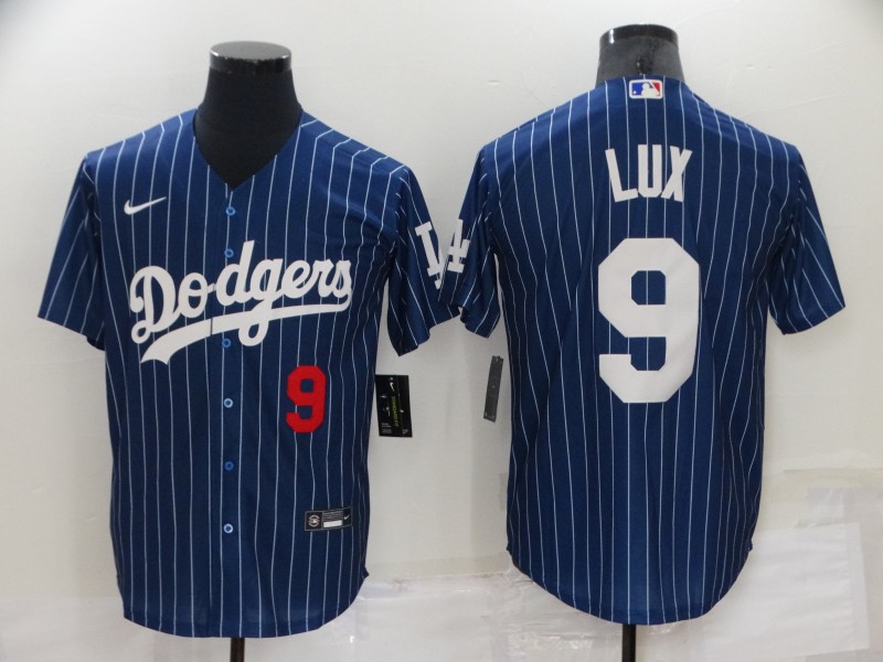 Men's Los Angeles Dodgers #9 Gavin Lux Navy Blue Pinstripe Stitched MLB Cool Base Nike Jersey