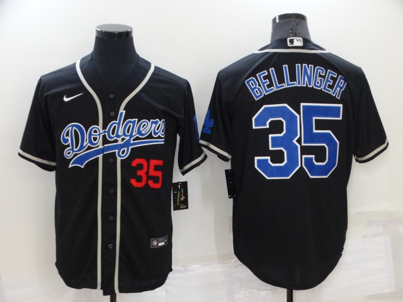 Men's Los Angeles Dodgers #35 Cody Bellinger Black Blue Name Stitched MLB Cool Base Nike Jersey