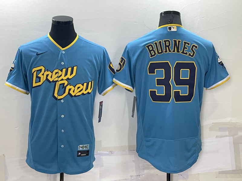 Men's Milwaukee Brewers #39 Corbin Burnes Blue 2022 City Connect Flex Base Stitched Jersey