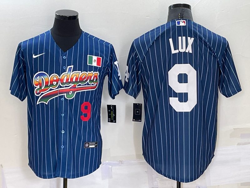 Mens Los Angeles Dodgers #9 Gavin Lux Number Rainbow Blue Red Pinstripe Mexico Cool Base Nike Jersey