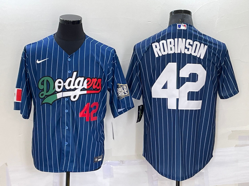 Mens Los Angeles Dodgers #42 Jackie Robinson Number Navy Blue Pinstripe 2020 World Series Cool Base Nike Jersey