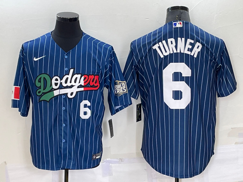 Mens Los Angeles Dodgers #6 Trea Turner Number Navy Blue Pinstripe 2020 World Series Cool Base Nike Jersey