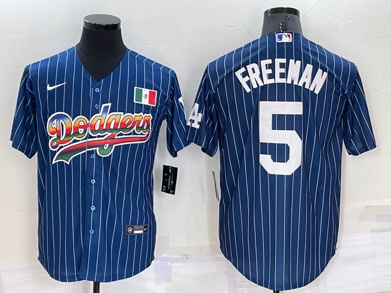 Men's Los Angeles Dodgers #5 Freddie Freeman Rainbow Blue Red Pinstripe Mexico Cool Base Nike Jersey