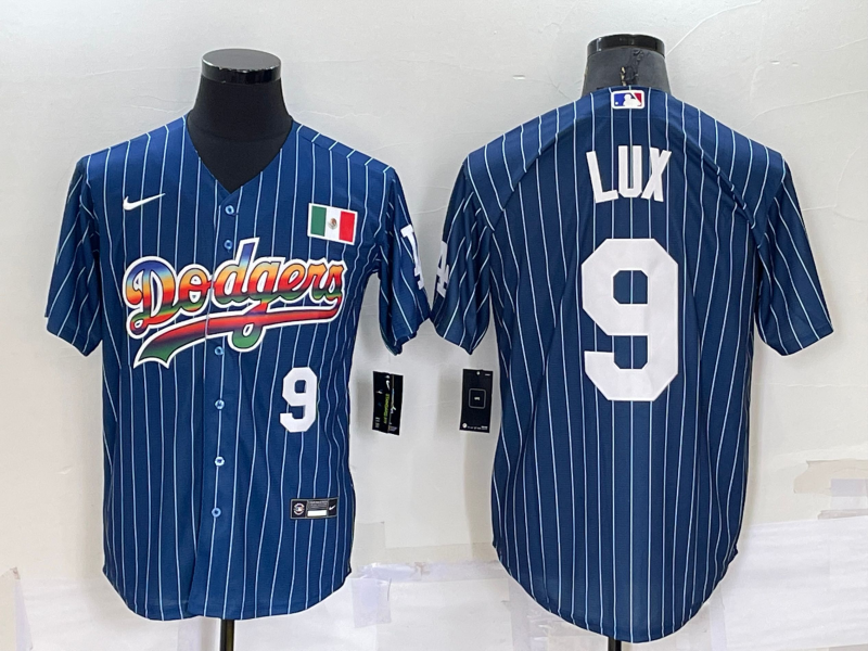 Men's Los Angeles Dodgers #9 Gavin Lux Number Rainbow Blue Red Pinstripe Mexico Cool Base Nike Jersey