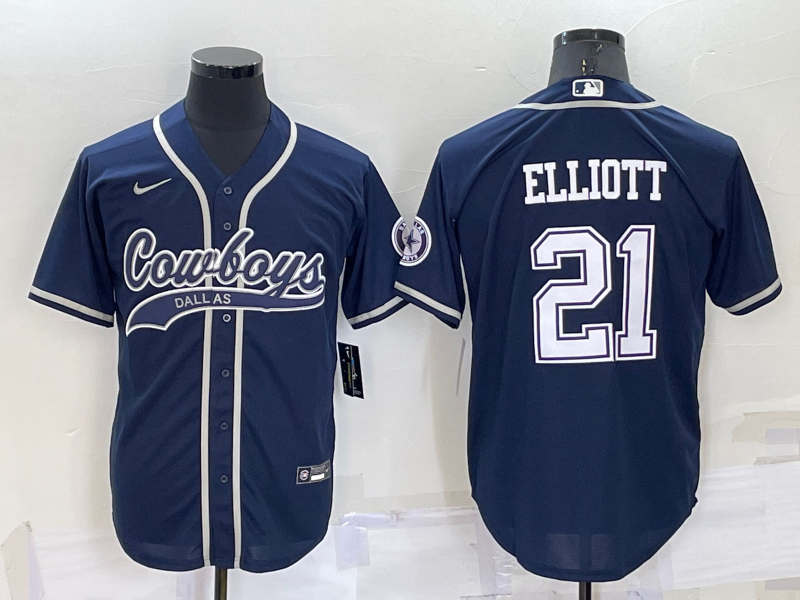 Men's Dallas Cowboys #21 Ezekiel Elliott Navy Blue Stitched Cool Base Nike Baseball Jersey