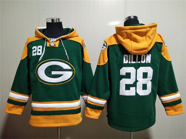 Men's Green Bay Packers #28 A.J. Dillon Green Lace-Up Pullover Hoodie