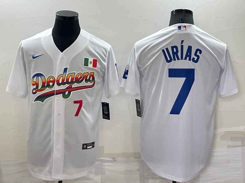 Men's Los Angeles Dodgers #7 Julio Urias Rainbow Number White Mexico Cool Base Nike Jersey