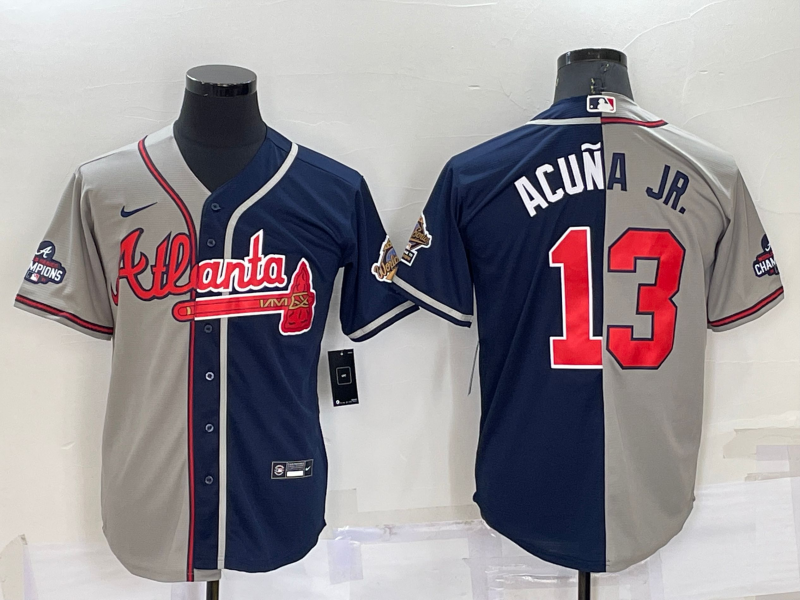 Men's Atlanta Braves #13 Ronald Acuna Jr Grey Navy Blue Two Tone Stitched Nike Jersey