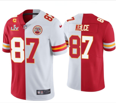 Men's Kansas City Chiefs #87 Travis Kelce Red White Split Vapor Limited 2021 Super Bowl LIV Stitched Jersey